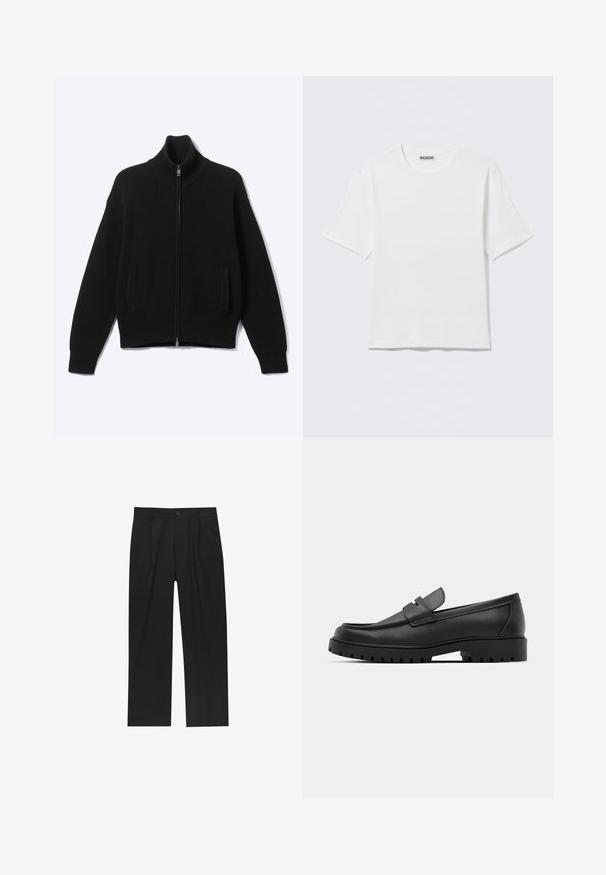 Pull noir en maille avec fermeture éclair, col montant et deux poches avant, présenté sur un fond clair uni.; T-shirt blanc uni à manches courtes et col rond, avec une petite étiquette "WEEKDAY" à l'intérieur du col arrière, présenté à plat.; Pantalons noirs au design droit, fabriqués à partir d'un tissu lisse. Dotés de plis sur le devant et d'une fermeture à un bouton à la taille.; Mocassins en cuir noir à bout arrondi, avec un design cousu, une semelle plateforme basse et une semelle en caoutchouc texturée et crantée.