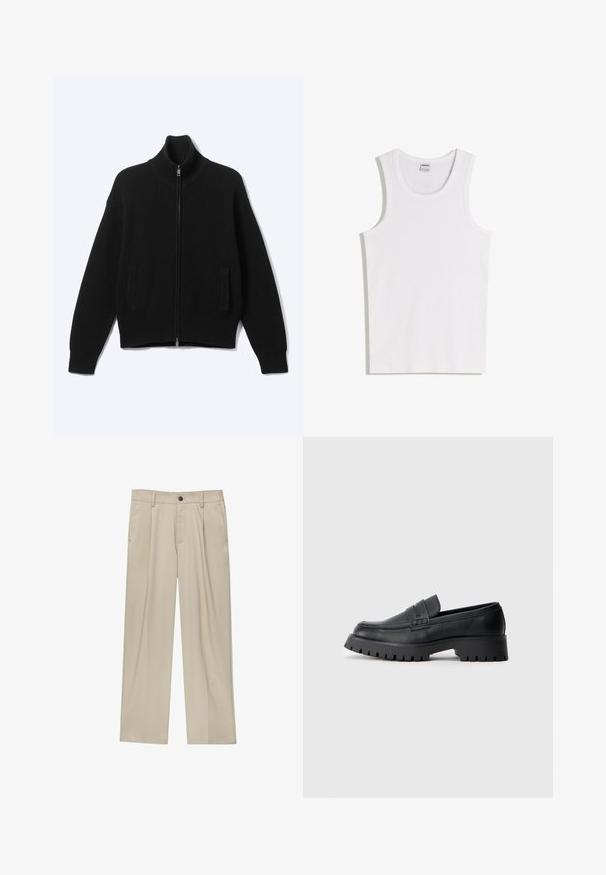 Pull noir en maille avec fermeture éclair, col montant et deux poches avant, présenté sur un fond clair uni.; Débardeur blanc en coton avec un col rond et de larges bretelles. Texture lisse, sans motifs ni accents, design simple.; Pantalon beige coupe droite avec passants de ceinture, fermeture par bouton, poches avant et pli marqué sur chaque jambe.; Mocassins en cuir noir avec un bout arrondi, présentant une sangle décorative et une semelle en caoutchouc épaisse avec de profonds crampons pour une meilleure adhérence.
