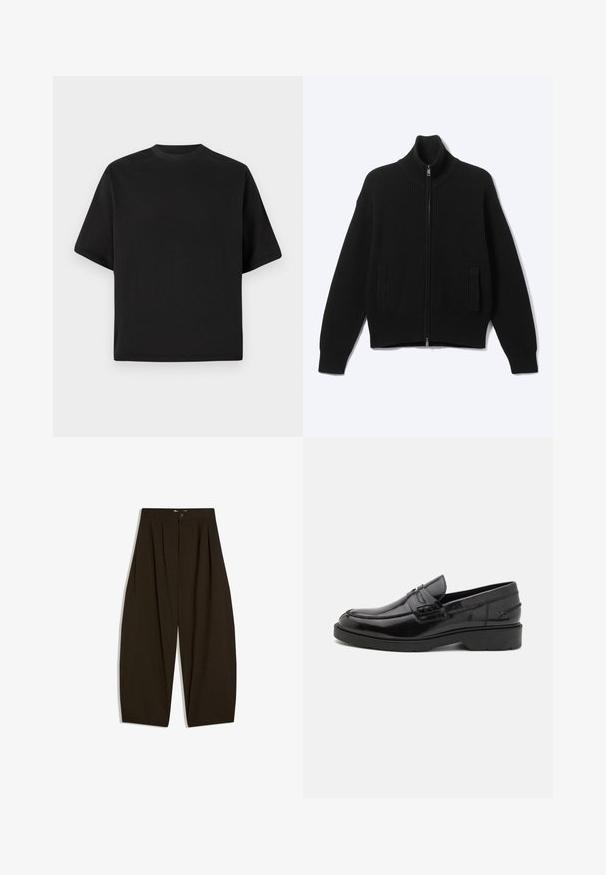 Pull noir en maille avec fermeture éclair, col montant et deux poches avant, présenté sur un fond clair uni.; T-shirt noire à manches courtes au fit ample, fabriquée en coton lisse, avec un col rond et un design minimaliste.; Pantalon large marron foncé avec des plis, des passants de ceinture et une fermeture à bouton à l'avant.; Mocassins en cuir noir avec une finition lisse, un bout rond, un petit talon et descoutures décoratives à l'avant. Semelle en caoutchouc pour l'adhérence.