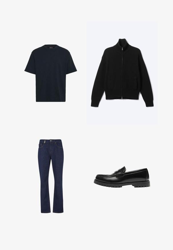 Sort strikket sweater med lynlås og høj krave samt to forlommer, vist på en ensfarvet lys baggrund.; Marineblå bomulds T-shirt med rund hals, korte ærmer og en afslappet pasform. Glat tekstur uden synlige mønstre eller accenter.; Mørkeblå jeans med lige ben, foran med knap og lynlås, med forreste og bageste lommer samt synlige sømdetaljer.; Sort læderloafer med en kraftig gummisål og klassiske penny-strap detaljer, vist fra ydersiden.
