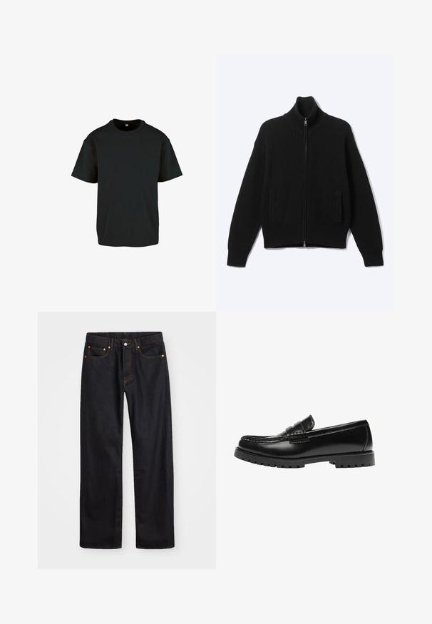 Pull noir en maille avec fermeture éclair, col montant et deux poches avant, présenté sur un fond clair uni.; T-shirt en coton noir avec un col rond et des manches courtes ; il présente une coupe décontractée et une surface lisse et texturée.; Jean en denim noir pour hommes, coupe droite, avec cinq poches et surpiqûres orange, fermeture par bouton et zip à la taille avant.; Mocassin en cuir noir avec une semelle en caoutchouc épaisse et un détail classique de bride à monnaie, vu de côté extérieur.