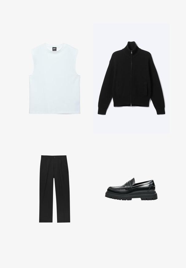 Pull noir en maille avec fermeture éclair, col montant et deux poches avant, présenté sur un fond clair uni.; Haut blanc sans manches à encolure ronde avec un ourlet droit et une étiquette de marque noire à l'intérieur du col arrière.; Pantalons noirs au design droit, fabriqués à partir d'un tissu lisse. Dotés de plis sur le devant et d'une fermeture à un bouton à la taille.; Mocassin en cuir noir avec semelle épaisse à crampons et détail de bride penny, vu de profil sur fond blanc.