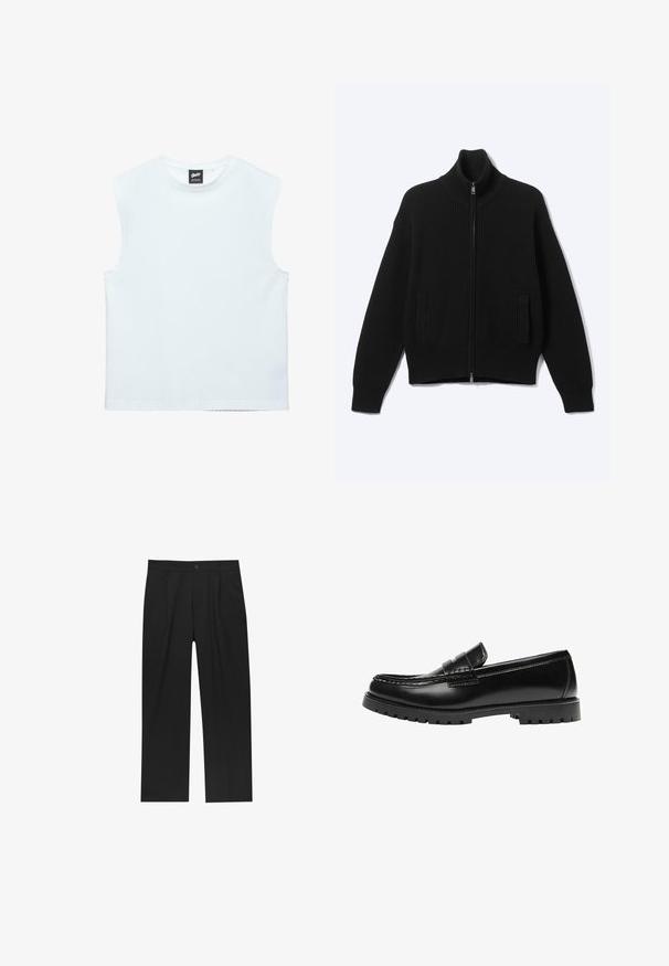 Pull noir en maille avec fermeture éclair, col montant et deux poches avant, présenté sur un fond clair uni.; Haut blanc sans manches à encolure ronde avec un ourlet droit et une étiquette de marque noire à l'intérieur du col arrière.; Pantalons noirs au design droit, fabriqués à partir d'un tissu lisse. Dotés de plis sur le devant et d'une fermeture à un bouton à la taille.; Mocassin en cuir noir avec une semelle en caoutchouc épaisse et un détail classique de bride à monnaie, vu de côté extérieur.