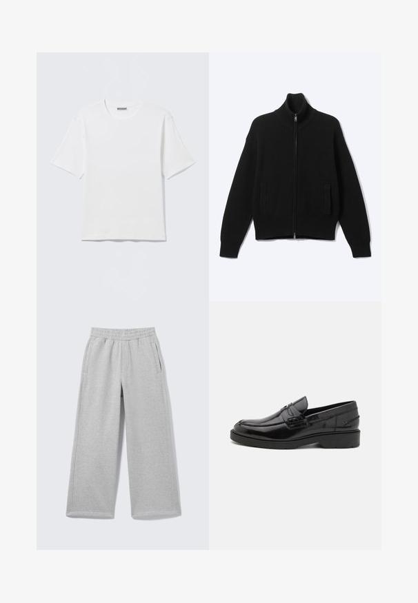 Black knitted zip-up sweater with high collar and two front pockets, displayed on a plain light background.; Plain white short-sleeve crew neck t-shirt with a small "WEEKDAY" label on the inside back collar, displayed on a flat surface.; Light gray wide-leg sweatpants with an elastic waistband and side pockets displayed on a plain background.; Black leather loafers with a smooth finish, rounded toe, low heel, and decorative stitching along the front. Rubber outsole for grip.