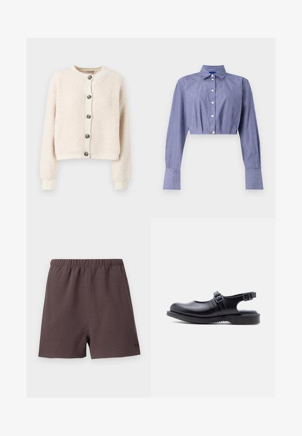 Cremefarvet cropped cardigan lavet af struktureret stof, med rund halsudskæring, knaplukning foran og ribbede manchetter og kant.; Stribet blå cropped skjorte med knaplukning foran, lange ærmer, klassisk krave og brede manchetter. Fremstillet af letvægtsstof.; Mørkebrune shorts lavet af tekstureret, vævet stof. Har en elastisk talje og en lille logo accent på nederste højre side.; Sort læder Mary Jane-stil sko med to justerbare spænde-remme og en tyk, rillet gummisål.