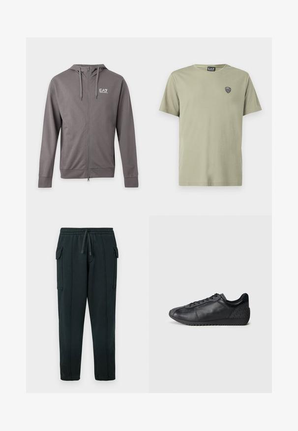 Grå hættetrøje med lynlås, snore og hvidt EA7 Emporio Armani-logo på venstre bryst, vist på en ensfarvet lys baggrund.; Lysegrøn T-shirt lavet af blød bomuld med rund halsudskæring og korte ærmer. Inkluderer en lille sort logo-patch på brystet.; Sorte joggingbukser med snøre i taljen, sidelommer, detaljer med cargolomme og synlige sømmer. Blødt stof med en afslappet pasform.; Sorte lædersneakers med et tekstureret stofpanel, rund tåform, snørefront og en gummisål med zigzag-mønster.