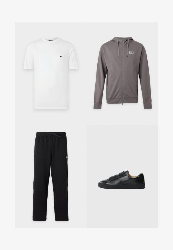 Sweat à capuche gris zippé avec cordons et logo blanc EA7 Emporio Armani sur la poitrine gauche, présenté sur un fond clair uni.; T-shirt en coton blanc avec col rond et manches courtes. Présente un petit logo noir sur le côté gauche de la poitrine. Texture lisse, coupe décontractée.; Pantalon de survêtement noir avec taille élastique et cordon, avec un petit patch logo EA7 rectangulaire sur la partie supérieure de la cuisse gauche.; Baskets en cuir noir avec une texture lisse, bout rond et fermeture à lacets. Comprend une semelle en caoutchouc épaisse et un minimum de détails de marque.