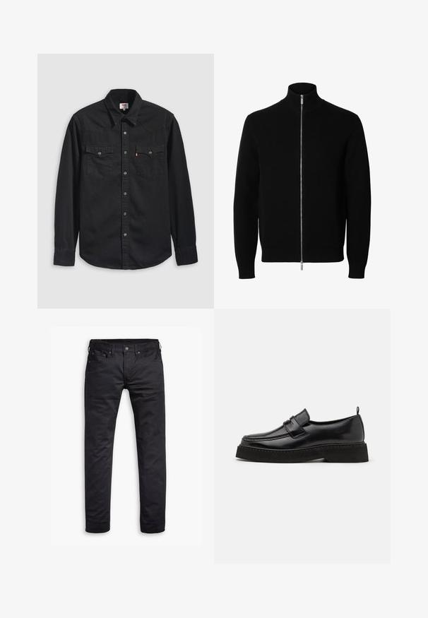 Veste noire en maille à manches longues avec un col montant et une fermeture éclair argentée intégrale à l'avant.; Chemise en denim noir avec col boutonné, deux poches poitrine et un col pointu avec des détails de couture visibles.; Jeans slim noirs avec poches frontales, passants de ceinture et fermeture à bouton, présentés à plat sur un fond blanc.; Chaussures en cuir noir de style mocassin avec une semelle plate et texturée, présentant un bout piqué et une sangle traversant le cou-de-pied.