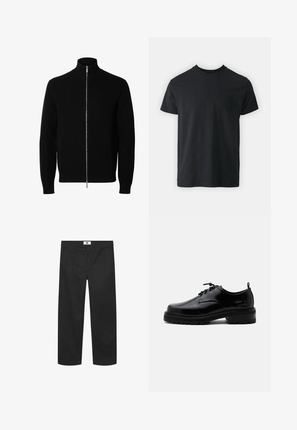 Sort langærmet strikket jakke med høj krave og fuld sølv lynlås foran.; Sort bomulds t-shirt med kortærmer, rund halsudskæring og en afslappet pasform. Glat tekstur og lige kant, ingen synlige grafikker eller mønstre.; Sorte chinos lavet af glat bomuldsstof. Har en knaplukning, forlommer og et lige ben-design med rene kanter.; Sort poleret læder snørestøvle med tyk gummisål og lav hæl, sideskilt med mærketekst "SAMSOE" og bageste træksnor.