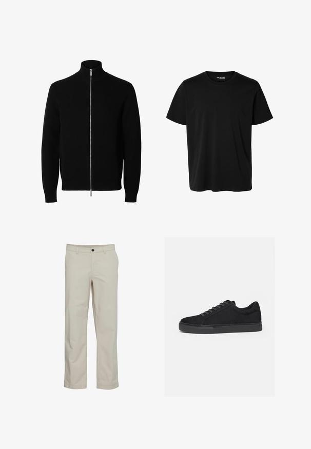 Chaqueta negra de punto de manga larga con cuello alto y cremallera frontal completa plateada.; Camiseta negra lisa de manga corta y cuello redondo con corte de hombre, sin patrones ni logotipos visibles en el delantero.; Pantalones de algodón beige con diseño de pierna recta, bolsillos delanteros y cierre de un solo botón. Textura suave y detalles mínimos de costuras.; Zapatilla deportiva negra de corte bajo con cordones delanteros y suela de goma plana, mostrada de lado sobre un fondo blanco.