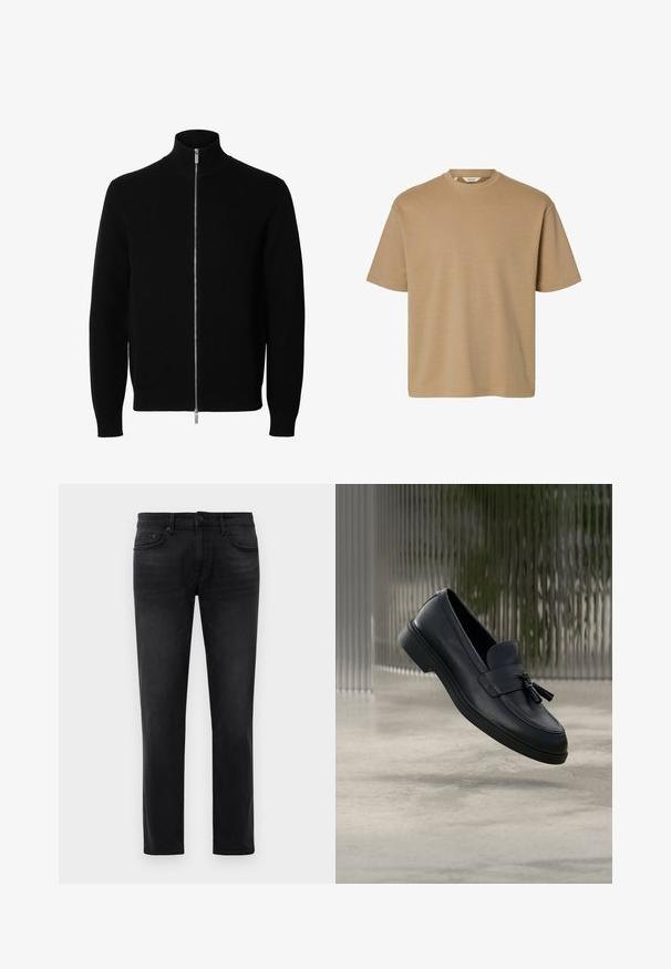Schwarze langärmelige Strickjacke mit hohem Kragen und durchgehendem silbernem Frontreißverschluss.; Kurzärmeliges T-Shirt mit Rundhalsausschnitt und lockerer Passform, schlichtem Design, dargestellt vor weißem Hintergrund.; Schwarze Slim-Fit-Jeans mit fünf Taschen, Gürtelschlaufen und Knopfverschluss, flach auf einem weißen Hintergrund ausgelegt.; Schwarze Leder-Loafer mit glatter Textur, gerundeter Zehenpartie und dekorativen Quasten vorne. Flexible Gummisohle mit niedrigem Absatz.