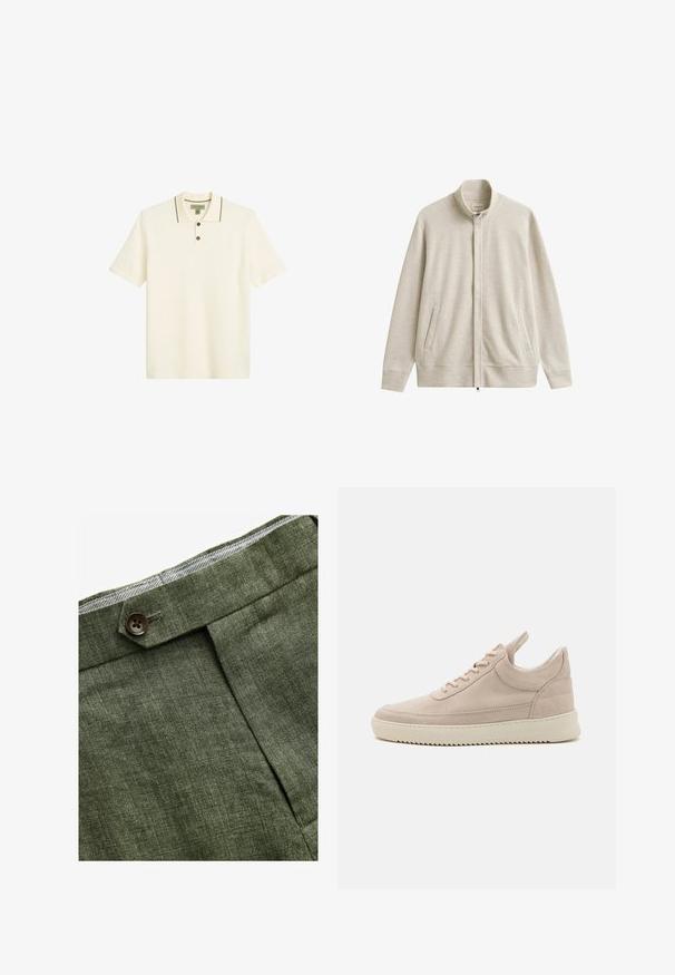 Lichtbeige jas met rits, hoge kraag, lange mouwen en twee zijzakken, weergegeven op een witte achtergrond.; Lichtcrème polo-shirt met een drie-knopen placket, contrasterende donkere randen op de kraag en korte mouwen. Textuur afwerking van de stof.; Olijf groene linnen broek met een voorplooi, voorzien van een knoopsluiting en een contrasterende geruite voering bij de tailleband.; Beige suède sneaker met een ronde neus, witte zool en platte veters. Voorzien van een trekband aan de hiel en gestructureerde zijpanelen.