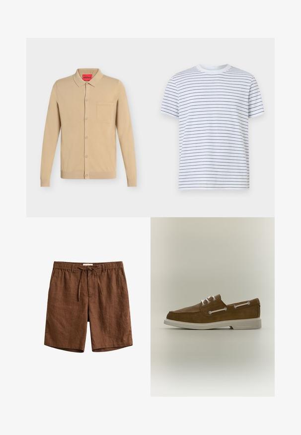 Cardigan beige à manches longues avec boutons, col et poche poitrine, avec une étiquette de marque rouge HUGO à l'intérieur du col.; T-shirt blanc à manches courtes avec de fines rayures horizontales noires espacées de manière égale et un col rond, présenté sur un fond uni.; Short en lin marron avec taille élastique, cordon de serrage, passants pour ceinture et poches latérales.; Chaussure bateau en daim marron avec lacets et semelle blancs, dotée d'œillets métalliques et d'un détail de lacet sur le côté, présentée sur un fond neutre.