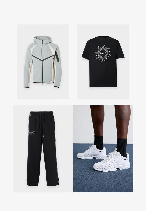 Lysegrå og hvid lynlåstrøje med hætte med sort Nike-logo, sort lynlås og lynlåslomme på venstre ærme.; Sort T-shirt med korte ærmer med en hvid Nike-swoosh i midten, omgivet af et dynamisk spidset cirkeldesign.; Sorte joggingbukser med elastisk taljebånd, to sidelommer og et hvidt grafisk logo. Fremstillet i tekstureret stof og med ventilationsåbninger ved anklerne.; Hvide atletik-sko med mesh-overdel, teksturerede accenter og polstret sål. Parret med sorte ribbede ankelstrømper på en blå tæppebelagt overflade.