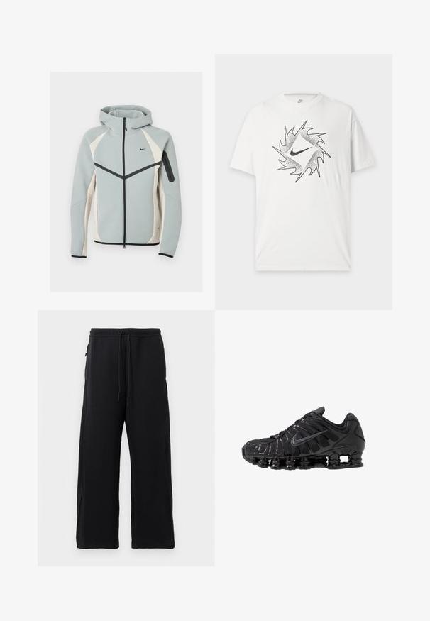Lysegrå og hvid lynlåstrøje med hætte med sort Nike-logo, sort lynlås og lynlåslomme på venstre ærme.; Hvid kortærmet Nike T-shirt med sort abstrakt cirkulært design og centralt Nike swoosh-logo foran.; Sorte joggingbukser lavet af blødt stof, med snoretræk i livet, bred ben-design og sidelommer med en glat overflade.; Sorte atletikskoser lavet af mesh og syntetiske materialer, med et karakteristisk bølget design, sort gummisål og reflekterende detaljer.