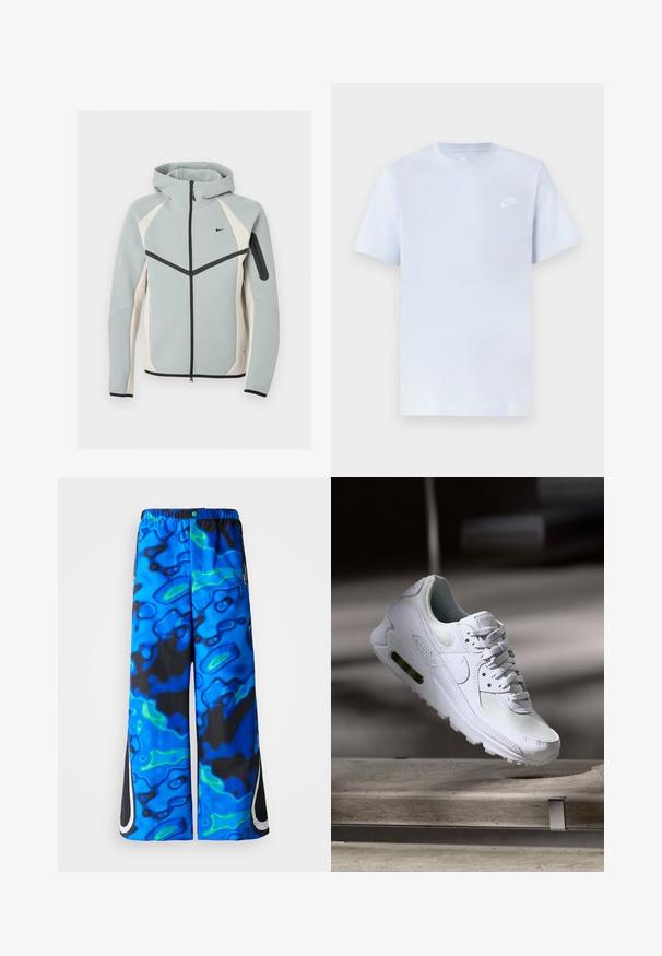 Svetlosivá a biela mikina na zips s kapucňou s čiernym logom Nike, čiernym zipsom a vreckom na zips na ľavom rukáve.; Svetlomodré bavlnené tričko s krátkymi rukávmi, okrúhlym výstrihom a bielym logom Nike potlačeným na ľavej hrudi. Hladká textúra, jednoduchý dizajn.; Modré a čierne široké nohavice s abstraktným vzorom, s elastickým pásom a zipsovými bočnými vreckami na jednoduchom pozadí.; Biele tenisky Nike Air Max 90 s vrchnou časťou z kože a sieťoviny, perforovanou špičkou a viditeľnou vzduchovou jednotkou v päte.