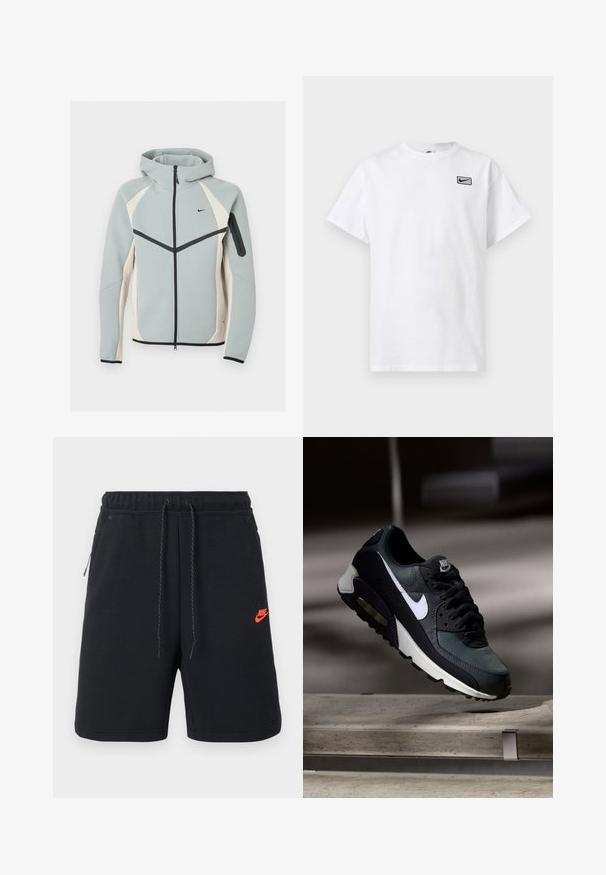 Veste à capuche zippée gris clair et blanc avec logo Nike noir, fermeture éclair noire et poche zippée sur la manche gauche.; T-shirt blanc à manches courtes et col rond avec petit logo noir Nike swoosh dans un rectangle sur le côté gauche de la poitrine.; Shorts noirs Nike avec ceinture élastique, cordon de serrage, poches latérales et petit logo Nike orange sur la cuisse gauche.; Baskets Nike Air Max noires et grises avec un logo blanc, suspendues au-dessus d'une surface en béton sur un fond sombre flou.