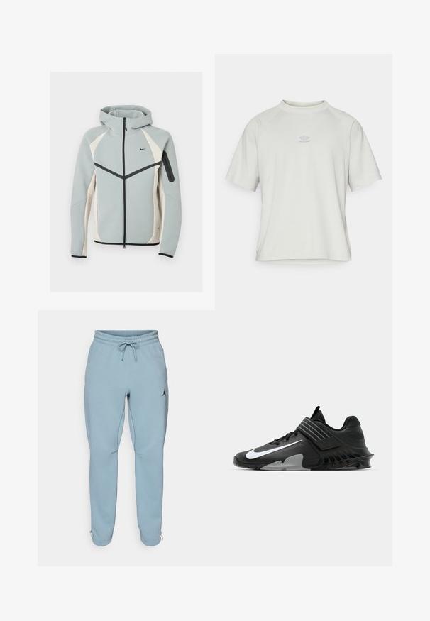 Lysegrå og hvid lynlåstrøje med hætte med sort Nike-logo, sort lynlås og lynlåslomme på venstre ærme.; Umbro WASHED HIGH NECK BOXY TEE - T-shirts basic - harbor mist; Lysblå sweatpants lavet af blødt stof, med elastisk talje og snøre, sidelommer og et lille sort logo på låret.; Sorte sportsko med et strømlinet design, der har et fremtrædende hvidt Nike-logo, teksturerede overflader og en karakteristisk støbt sål.