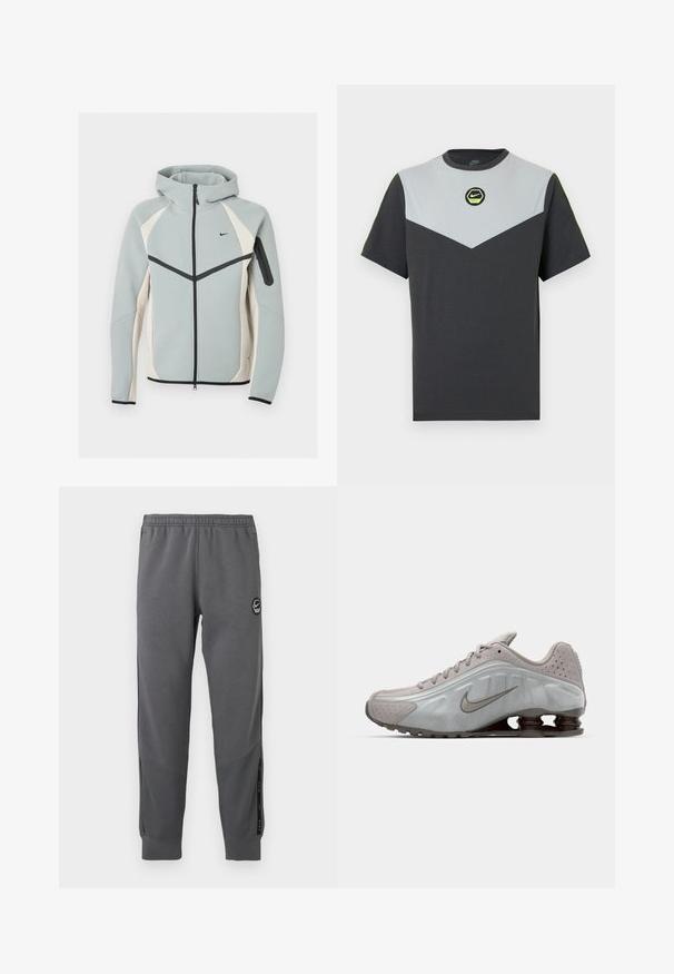 Lysegrå og hvid lynlåstrøje med hætte med sort Nike-logo, sort lynlås og lynlåslomme på venstre ærme.; Kortærmet Nike T-shirt i mørkegrå og lysegrå med et chevron-design, cirkulært logo i grøn og kontrasterende neon accenter ved skuldrene.; Grå sweatpants lavet af blødt stof med elastisk talje, tætsiddende ben, sidelommer og en cirkulær logo-patch.; Nike løbesko i lysegrå med en glat tekstur, buet design og synlige støddæmpningsfjeder i mørkebrun ved hælen.