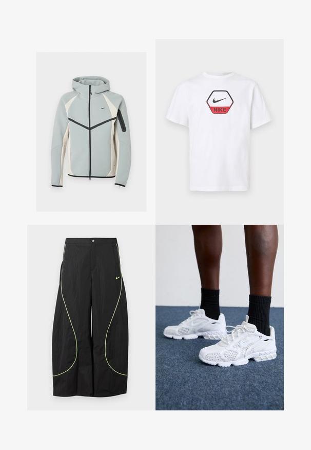 Gaiši pelēka un balta jaka ar kapuci un rāvējslēdzēju, melns Nike logotips, melns rāvējslēdzējs un rāvējslēdzēja kabata kreisajā piedurknē.; Balta Nike īss piedurkņu T-krekls ar sarkanu un melnu sešstūra formu logotipu, kas krūtīs ietver Nike emocijzīmi un zīmola nosaukumu.; Melni Nike plaša silueta bikses ar neona zaļām izliekta veida līnijām un mazu Nike logotipu uz labās augšstilba daļas, ar pogu un rāvējslēdzēju vidukļa daļā.; Baltie sporta apavi ar sietiņu augšdaļu, rakstainiem akcentiem un mīkstu zoli. Apvienoti ar melniem ribotām potīšu zeķēm uz zilas paklāja virsmas.