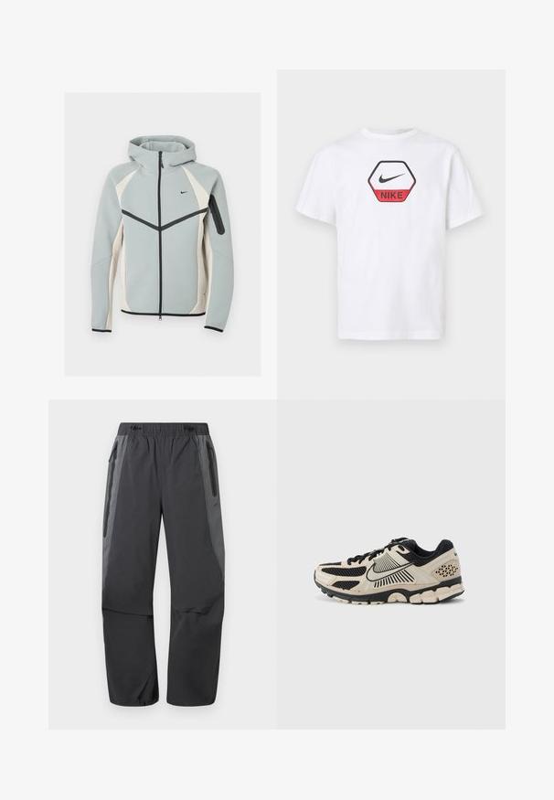 Világosszürke és fehér cipzáras kapucnis dzseki fekete Nike logóval, fekete cipzárral és cipzáras zsebbel a bal ujján.; Fehér rövid ujjú Nike póló a mellkasán piros és fekete hatszögletű logóval, amelyen a Nike pipa és a márkanév szerepel.; Sötétszürke és fekete túranadrág rugalmas derékpánttal és cipzáras oldalzsebekkel, kültéri tevékenységekhez tervezve.; Nike futócipő krémszínben és fekete részletekkel. Felsőrésze hálós anyagból készült, texturált díszítésekkel, vastag gumitalppal és jellegzetes középtalp kialakítással.