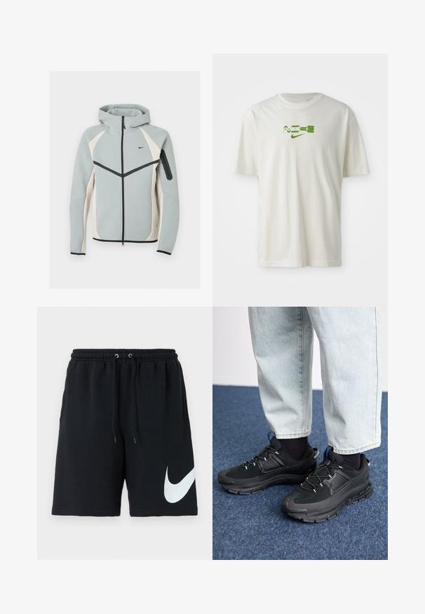 Gaiši pelēka un balta jaka ar kapuci un rāvējslēdzēju, melns Nike logotips, melns rāvējslēdzējs un rāvējslēdzēja kabata kreisajā piedurknē.; Balts kokvilnas T-krekls ar zaļu grafisko druku, kurā ir vārds "NIKE" un logo. Īsas piedurknes un apaļa kakla izgriezuma forma. Gluda tekstūra.; Melni kokvilnas šorti ar elastīgu jostasvietu, auklu, sānu kabatām un lielu balto Nike logo, kas izdrukāts kreisajā pusē.; Melni sporta apavi ar strukturētu audumu un gumijas zoli, ar elastīgām auklām un zilu akcentu uz papēža. Nēsāti ar gaišām džinsu biksēm.