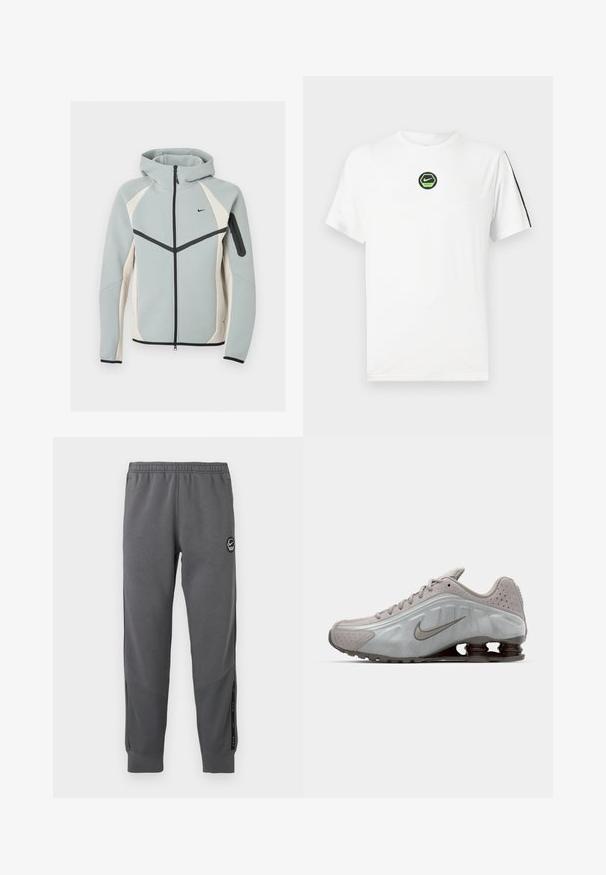 Helehall ja valge tõmblukuga kapuutsiga jakk musta Nike logoga, musta tõmblukuga ja tõmblukuga taskuga vasakul varrukal.; Valge lühikeste varrukatega Nike T-särk, millel on rohelise ja musta värvi ümmargune logo rinnal ning must triip tekstiga paremal varrukal.; Hallid hallid dressipüksid, mis on valmistatud pehmest kangast, elastse vöökoha, kitsenevate jalgade, külgpaneelide ja ümmarguse logo plaastri abil.; Nike jooksujalats helesinises värvitoonis, sujuva tekstuuri, kaarjate joontega ning tumeda pruuniga nähtavate pehmendavate vedrudega kandade juures.