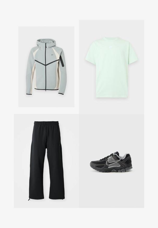 Veste à capuche zippée gris clair et blanc avec logo Nike noir, fermeture éclair noire et poche zippée sur la manche gauche.; T-shirt Nike vert clair à manches courtes avec col rond et petit logo blanc centré sur la poitrine, sur fond uni.; Pantalons larges noirs en tissu doux, dotés d'une taille élastique et d'un cordon de serrage, avec des poches latérales et une texture lisse.; Chaussure de sport noire avec panneaux en mesh et accents synthétiques. Caractérisée par un bout arrondi, une semelle épaisse et rembourrée, et des détails de logo blancs contrastants.