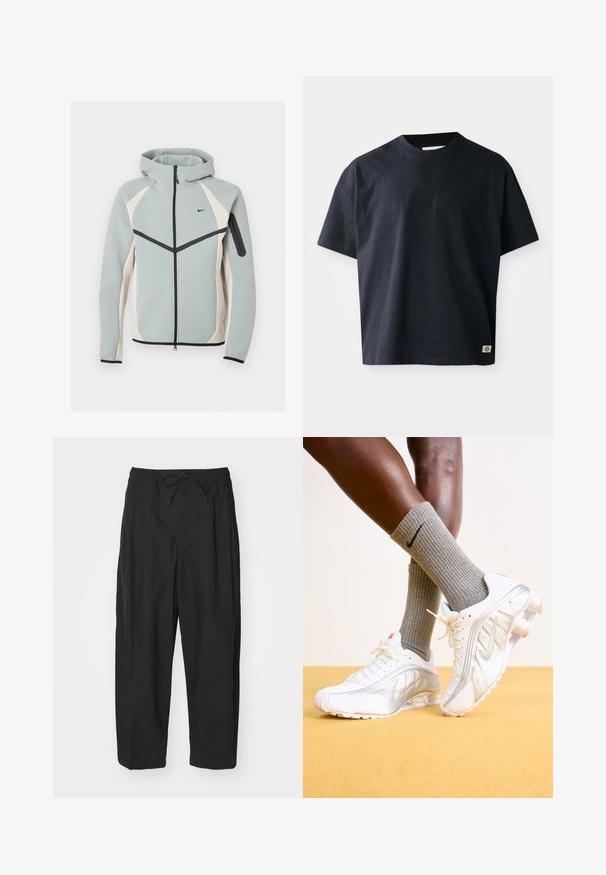 Svetlosivá a biela mikina na zips s kapucňou s čiernym logom Nike, čiernym zipsom a vreckom na zips na ľavom rukáve.; Námornícky modré tričko s krátkym rukávom a okrúhlym výstrihom, s malou obdĺžnikovou logom značky pri dolnom leme na pravej prednej strane.; Čierne nohavice s elastickým pásom, sťahovaním na šnúrku a voľným strihom. Vyrobené z hladkej tkaniny, s minimalistickým dizajnom.; Biele tenisky Nike so striebornými akcentmi, vybavené textúrovanými panelmi a perforáciami. Spárované so šedými rebrovanými ponožkami, umiestnené na žltom pozadí.