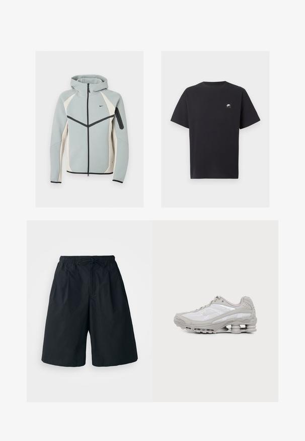 Chaqueta con capucha y cremallera en gris claro y blanco, con logo negro de Nike, cremallera negra y bolsillo con cremallera en la manga izquierda.; Camiseta negra de manga corta Nike Air con cuello redondo y pequeño logo blanco en el pecho izquierdo.; Pantalones cortos negros con cintura elástica y cordón ajustable. Hechos de una tela suave, con un corte holgado y sin patrones visibles.; Zapatilla deportiva gris y blanca con suela visible de amortiguación de aire y paneles de malla, mostrada de perfil sobre un fondo claro y sencillo.