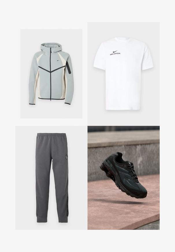 Helehall ja valge tõmblukuga kapuutsiga jakk musta Nike logoga, musta tõmblukuga ja tõmblukuga taskuga vasakul varrukal.; Valge lühikeste varrukatega puuvillane t-särk. Esiküljel vasakul rinnal on must "Nike Official" logo ja must Swoosh.; Hallid hallid dressipüksid, mis on valmistatud pehmest kangast, elastse vöökoha, kitsenevate jalgade, külgpaneelide ja ümmarguse logo plaastri abil.; Must sportlik toss nähtava õhkpadi keskmise tallaga, hõljudes roosa kivipinna kohal, mille taustal on hall kivimüür.