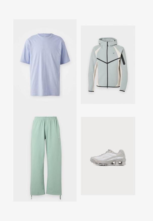 Lysegrå og hvid lynlåstrøje med hætte med sort Nike-logo, sort lynlås og lynlåslomme på venstre ærme.; Lysblå bomulds T-shirt med rund halsudskæring og korte ærmer. Har et præget "nike" logo i midten foran. Blød tekstur.; Lysegrønne sweatpants med brede ben, elastisk talje, Nike-logo på venstre lår og justerbare snore ved benenderne.; Lysegrå og hvid atletiksko med synlig fjederlignende støddæmpning i sålen og meshstof på overdelen.