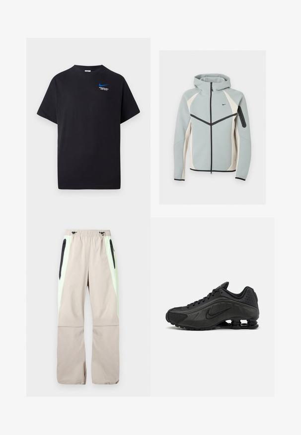 Svetlosivá a biela mikina na zips s kapucňou s čiernym logom Nike, čiernym zipsom a vreckom na zips na ľavom rukáve.; Čierne tričko s krátkym rukávom, s malým modrým Nike swoosh a bielym textom "ATHLETIC DEPT JUST DO IT." na hornej ľavej strane hrudi.; Béžové nohavice so svetlozelenými bočnými panelmi, čiernymi zipsovými vreckami na stehnách a elastickým pásom s čiernymi šnúrkami.; Čierne bežecké topánky s hladkým syntetickým zvrškom, perforovanými akcentmi, textúrovanými bočnými panelmi a výraznou pružnou podrážkou.
