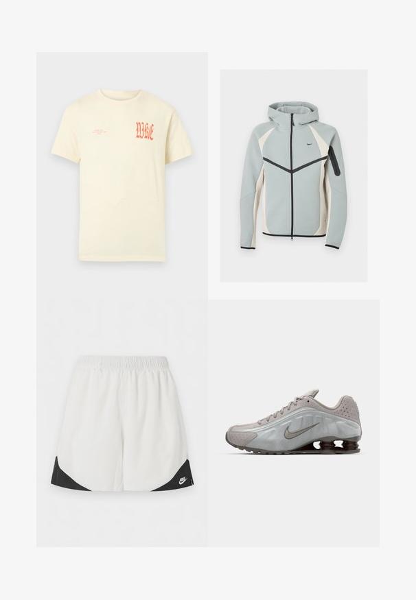 Világosszürke és fehér cipzáras kapucnis dzseki fekete Nike logóval, fekete cipzárral és cipzáras zsebbel a bal ujján.; Krém színű, rövid ujjú póló kis narancssárga "NIKE AIR INCORPORATED 1972" felirattal a bal mellkason és nagy, stilizált "NIKE" felirattal a jobb mellkason.; Fehér atlétikai rövidnadrág elasztikus derékpánttal és fekete háromszög alakú betétekkel a lábnyílások közelében, jobb oldalon fehér Nike logóval.; Világosszürke Nike futócipő sima textúrával, ívelt dizájnnal és sötétbarna, látható párnázó rugókkal a saroknál.