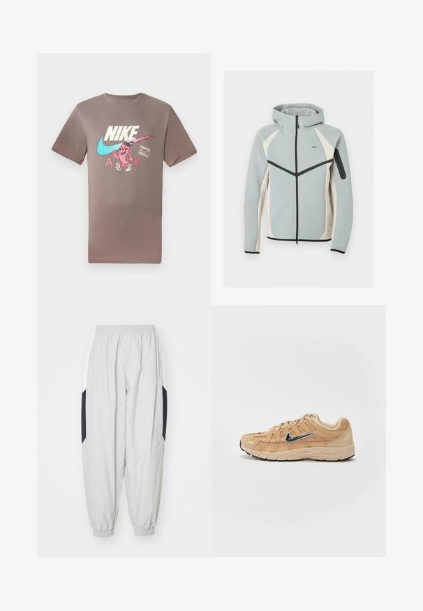 Chaqueta con capucha y cremallera en gris claro y blanco, con logo negro de Nike, cremallera negra y bolsillo con cremallera en la manga izquierda.; Camiseta de algodón marrón con un gráfico colorido de un personaje con gafas de sol, junto a los logos de Nike y Air en colores contrastantes.; Pantalones de chándal ligeros en gris claro, fabricados con material ligero, con cintura y puños elásticos, y paneles laterales en negro y blanco contrastantes.; Zapatilla deportiva beige con materiales de malla y ante, silueta curva, suela negra, prominente logo plateado de Nike en el lateral y acentos texturizados.