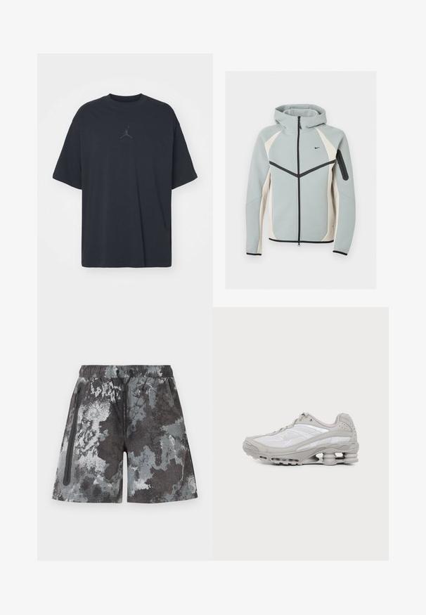 Svetlosivá a biela mikina na zips s kapucňou s čiernym logom Nike, čiernym zipsom a vreckom na zips na ľavom rukáve.; Čierne bavlnené tričko s voľným strihom, okrúhlym výstrihom a krátkymi rukávmi, s jemným logom a textom "AIR" nad logom v strede.; Pánske športové šortky so sivým a čiernym abstraktným maskáčovým vzorom, elastickým pásom so šnúrkou a bočným vreckom na zips.; Šedá a biela športová teniska s viditeľnou podrážkou s vzduchovou vložkou a sieťovinovými panelmi, zobrazená v profile na jednoduchom svetlom pozadí.