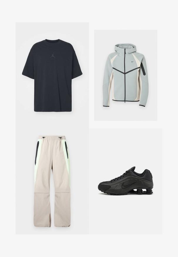 Lichtgrijze en witte capuchontrui met ritssluiting met zwart Nike-logo, zwarte rits en een met ritssluiting afsluitbaar zakje op de linkermouw.; Zwarte katoen T-shirt met een losse pasvorm, ronde hals, korte mouwen, met een subtiele logo en de tekst "AIR" boven het logo in het midden.; Beige broek met lichtgroene zijpanelen, zwarte dijzakken met rits en elastische tailleband met zwarte trekkoorden.; Zwarte hardloopschoenen met een glad bovenwerk van synthetisch materiaal, geperforeerde accenten, gestructureerde zijpanelen en een opvallende veerkrachtige zool.