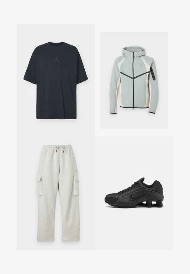 Lysegrå og hvid lynlåstrøje med hætte med sort Nike-logo, sort lynlås og lynlåslomme på venstre ærme.; Sort bomuld T-shirt med løs pasform, rund hals, korte ærmer, med et diskret logo og teksten "AIR" over logoet i centrum.; Lysegrå joggingbukser med elastisk talje, snor med røde ender og store klaplommer på begge lår.; Sorte løbesko med en glat syntetisk overdel, perforerede detaljer, teksturerede sidedele og en distinkt fjedrende sål.