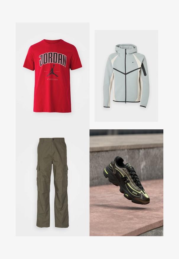 Helehall ja valge tõmblukuga kapuutsiga jakk musta Nike logoga, musta tõmblukuga ja tõmblukuga taskuga vasakul varrukal.; Punane puuvillane T-särk, millel on must "JORDAN" tekst ja siluett, kus hüppab joonistatud figuur, kelle käes on korvpall. Lühikesed varrukad, ümardatud kaelus.; Oliivivärvi cargo püksid sirge lõikega, valmistatud tekstureeritud kangast. Omab suurte küljetaskute ja nööbiga kinnitust.; Must ja kollane New Balance 1000 toss ripub roosa kivipinna kohal, taustal hall kivimüür.