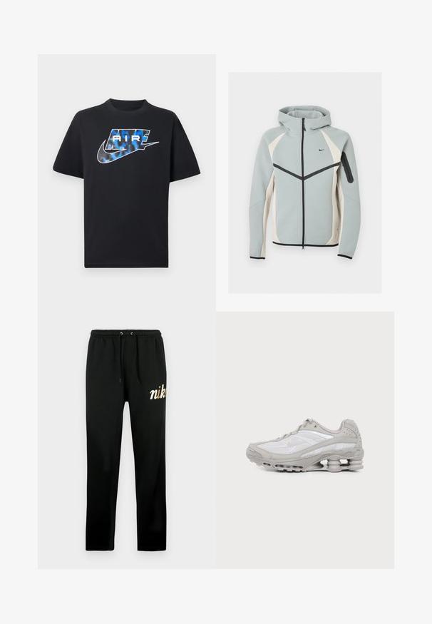 Lysegrå og hvid lynlåstrøje med hætte med sort Nike-logo, sort lynlås og lynlåslomme på venstre ærme.; Sort t-shirt med korte ærmer med blå og hvide stiliserede "AIR"-bogstaver og Nike swoosh-logo på brystet.; Sorte joggingbukser lavet af blødt stof, med elastisk talje med snore, tilspidsede ben og et gyldent broderet "nike"-logo.; Grå og hvid atletiksko med mesh-paneler, snørelukning og en unik fjedrende sål til stødabsorbering og støtte.