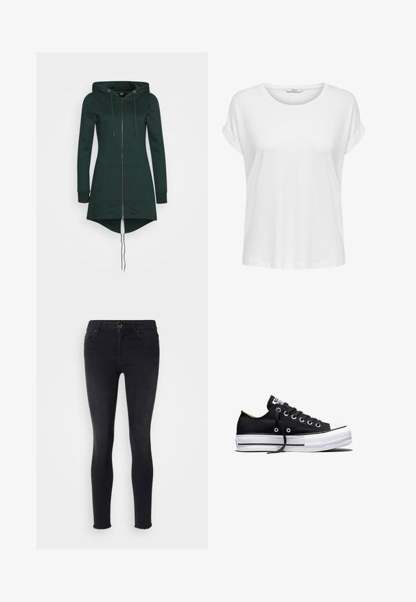 Veste à capuche vert foncé avec une fermeture éclair à l'avant, des cordons de serrage ajustables, des manches longues et une poche kangourou. L'ourlet est plus long à l'arrière.; T-shirt blanc à manches courtes en coton doux. Il présente un col rond et des poignets roulés. Design simple sans motifs ni accents.; Jean skinny noir en denim, avec une taille mi-haute, des poches avant et un ourlet brut au niveau des chevilles. Design classique à cinq poches.; Baskets basses en toile noire avec semelle plateforme en caoutchouc blanche, lacets noirs et œillets métalliques sur fond blanc.