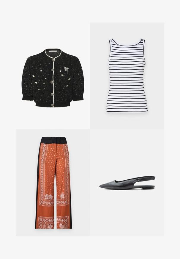 Sort cardigan med sølv detaljer, rund halsudskæring og fem knaplukninger. Har spredte dekorative elementer, herunder stjerner og hjerter.; Hvid tanktop med sorte vandrette striber, med en rund halsudskæring, ribbet tekstur og tætsiddende silhuet. Ingen pynt eller accenter.; Bredde bukser i orange med sort talje, prydet med et detaljeret hvidt bandana-mønster, glat tekstur og detaljerede kantdesigns.; Sort læder flad slingbacksko med spids tå, lav hæl og justerbar rem på lys baggrund.
