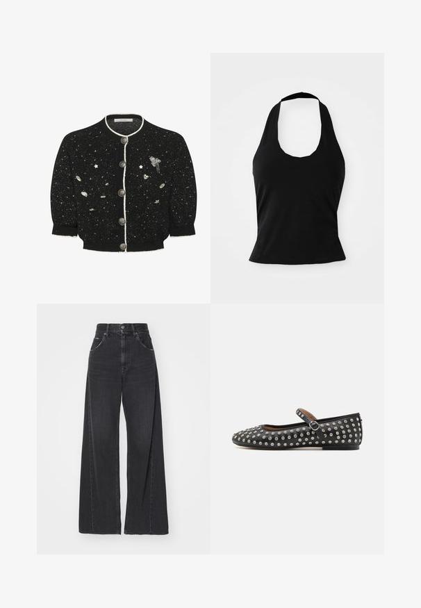 Cardigan noir avec des accents argentés, encolure ronde et cinq boutons. Présente des éléments décoratifs dispersés, y compris des étoiles et des cœurs.; Haut halter noir en tissu doux, avec un col rond et une silhouette ajustée, à la texture lisse et sans motifs visibles.; Jeans larges noirs en denim à taille haute, avec deux poches avant et un design classique à cinq poches.; Chaussure plate en cuir noir avec un bout rond, dotée d'une sangle et de clous argentés répartis uniformément sur la surface supérieure.