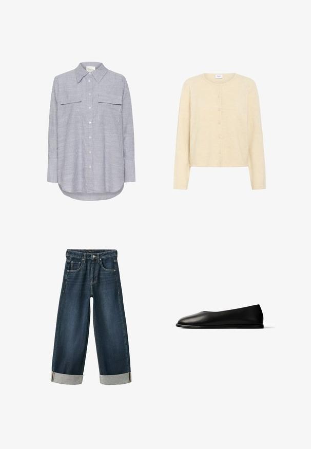 Saint Tropez LARNASZ - Vest - fog; Gestreepte button-up shirt in blauw en wit. Heeft een klassieke kraag, twee borstzakken en lange mouwen met knoopmanchetten.; Donkerblauwe denim spijkerbroek met wijde pijpen, omslagboorden, steekzakken aan de voorkant, knoopsluiting en riemlussen.; Zwart leren platte schoen met afgeronde neus en dunne zool, zijaanzicht op witte achtergrond.