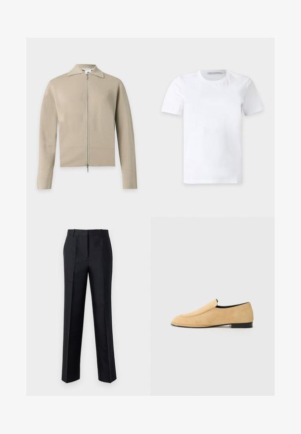 Beige langærmet strikket cardigan med krave og lynlåslukning foran i fuld længde.; Enkelt hvid t-shirt med korte ærmer og rund hals med et lille mærke inden i kraven med teksten "Tiger of Sweden."; Sorte bukser med lige ben, glat tekstur og skjult lynlås. Har folder for ekstra stil og en skræddersyet udseende.; NEOUS POLARIS - Loafers - sand