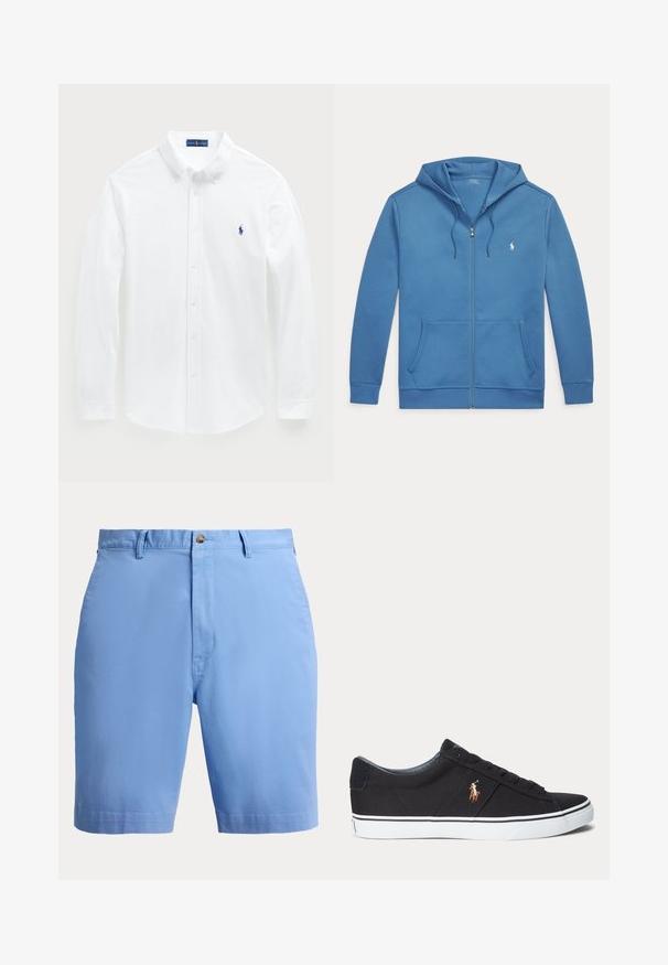 Modrá mikina na zips s prednými vreckami, kapucňou so šnúrkou a malým bielym logom Polo Ralph Lauren na ľavej strane hrude.; Biela košeľa s dlhým rukávom vyrobená z bavlny, s golierom na gombíky a malým modrým logom polo na hrudníku. Hladká textura, klasický strih.; Svetlomodré pánske šortky na mieru s opaskovými očkami, zapínaním na gombík a prednými vreckami viditeľnými z prednej strany.; Čierna nízka teniska s bielou podrážkou a vyšitým logom hráča póla na boku, s šnurovaním a textúrovaným vrchným materiálom.