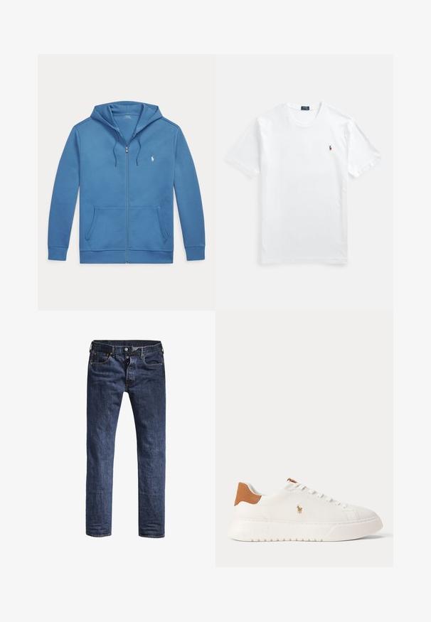 Modrá mikina na zips s prednými vreckami, kapucňou so šnúrkou a malým bielym logom Polo Ralph Lauren na ľavej strane hrude.; Biele bavlnené tričko s okrúhlym výstrihom a krátkymi rukávmi, s malým farebným vyšívaným logom na ľavej strane hrude. Hladká textúra, klasický strih.; Tmavomodré džínsy s úzkym strihom, piatimi vreckami a štandardným pásom. Obsahujú viditeľný steh a kovové akcenty.; Biely nízky teniska s béžovou pätovou záložkou, bielymi šnúrkami a malým vyšívaným logom hráča póla na boku nad tlustou podrážkou.