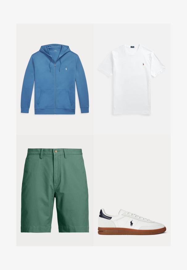 Modrá mikina na zips s prednými vreckami, kapucňou so šnúrkou a malým bielym logom Polo Ralph Lauren na ľavej strane hrude.; Biele bavlnené tričko s okrúhlym výstrihom a krátkymi rukávmi, s malým farebným vyšívaným logom na ľavej strane hrude. Hladká textúra, klasický strih.; Zelené bavlnené šortky s gombíkovým zapínaním a pútkami na opasok. Jednoduchý dizajn so štandardným strihom a bez viditeľných vzorov či akcentov.; Biela nízka teniska s hnedou podrážkou, čiernym záplatou na päte, vyšitým logom hráča póla a bielymi šnúrkami.