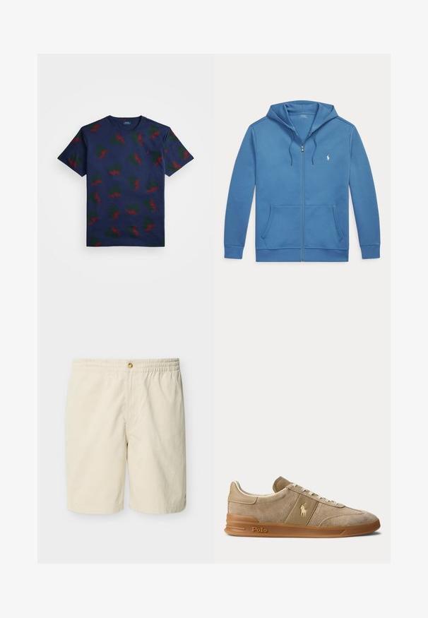 Sininen vetoketjullinen huppari, jossa etutaskut, kiristysnauhakuppu ja pieni valkoinen Polo Ralph Lauren -logo vasemmalla rinnalla.; T-paita, jossa on laivastonsininen puuvilla ja toistuva punaisen ja vihreän siipikuosiset mallit. Ominaisuuksina pyöreä pääntie ja lyhyet hihat.; Beiget väriset shortsit, joissa on joustava vyötärö, yksittäinen nappikiinnitys, sileä etuosa ja reiden puoliväliin ulottuva pituus.; Beigenvärinen mokka- ja nahkainen matalakärkinen tennari kumipohjalla, valkoisilla nauhoilla ja Polo-logolla sivussa ja pohjassa.