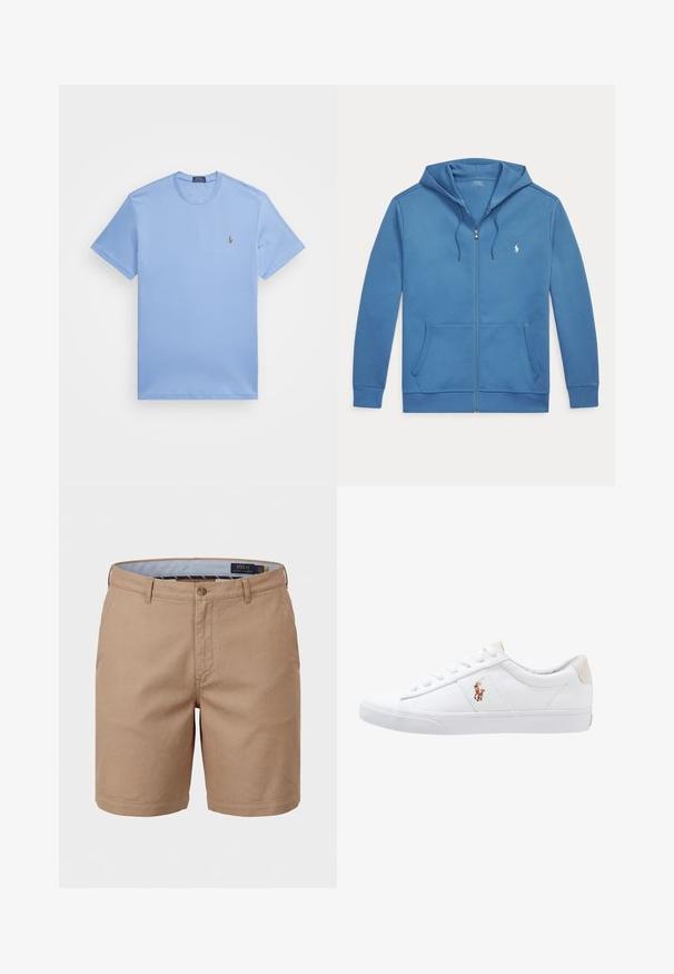 Sudadera con capucha azul con cremallera, bolsillos delanteros, capucha con cordón y pequeño logo blanco de Polo Ralph Lauren en el pecho izquierdo.; Camiseta de manga corta azul claro hecha de una mezcla de algodón. Presenta un cuello redondo y un pequeño logo bordado en el lado izquierdo del pecho.; Pantalones cortos chinos beige para hombre con trabillas para cinturón, botón delantero, bolsillos laterales y cinturilla interior con la marca Polo Ralph Lauren.; Zapatilla de lona blanca con diseño de corte bajo, que cuenta con un taco trasero beige y un pequeño logo bordado en el costado. Suela de goma.